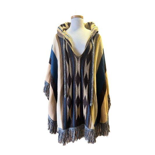 Vintage 70's Cuddle Knit Southwestern Print Hooded Fringe Trim Poncho O/S