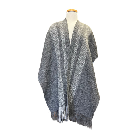 Vintage Bohemian Hand Knit Shawl Sweater Cape Wrap Fringe Trim Gray Tones