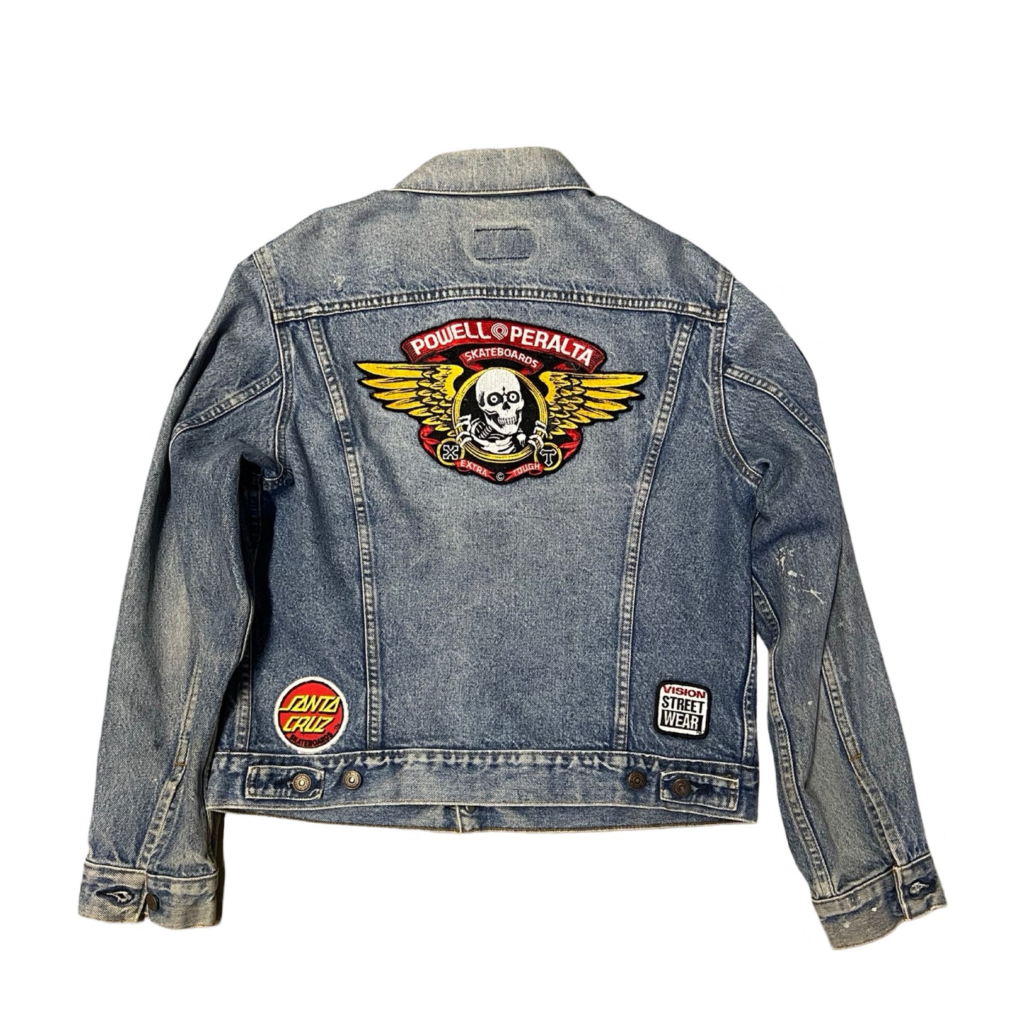 Rare Vintage 80’s Powell Peralta Bones Brigade Patch Levi’s Denim Trucker Jacket 42
