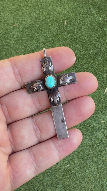 Vintage Navajo Oxidized Sterling Silver & Turquoise Cross Pendant