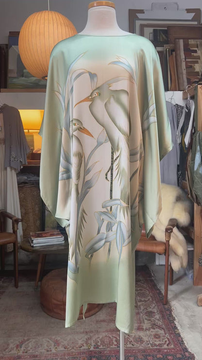 Vintage Hand Painted Batik Bird of Paradise Silk Caftan XL